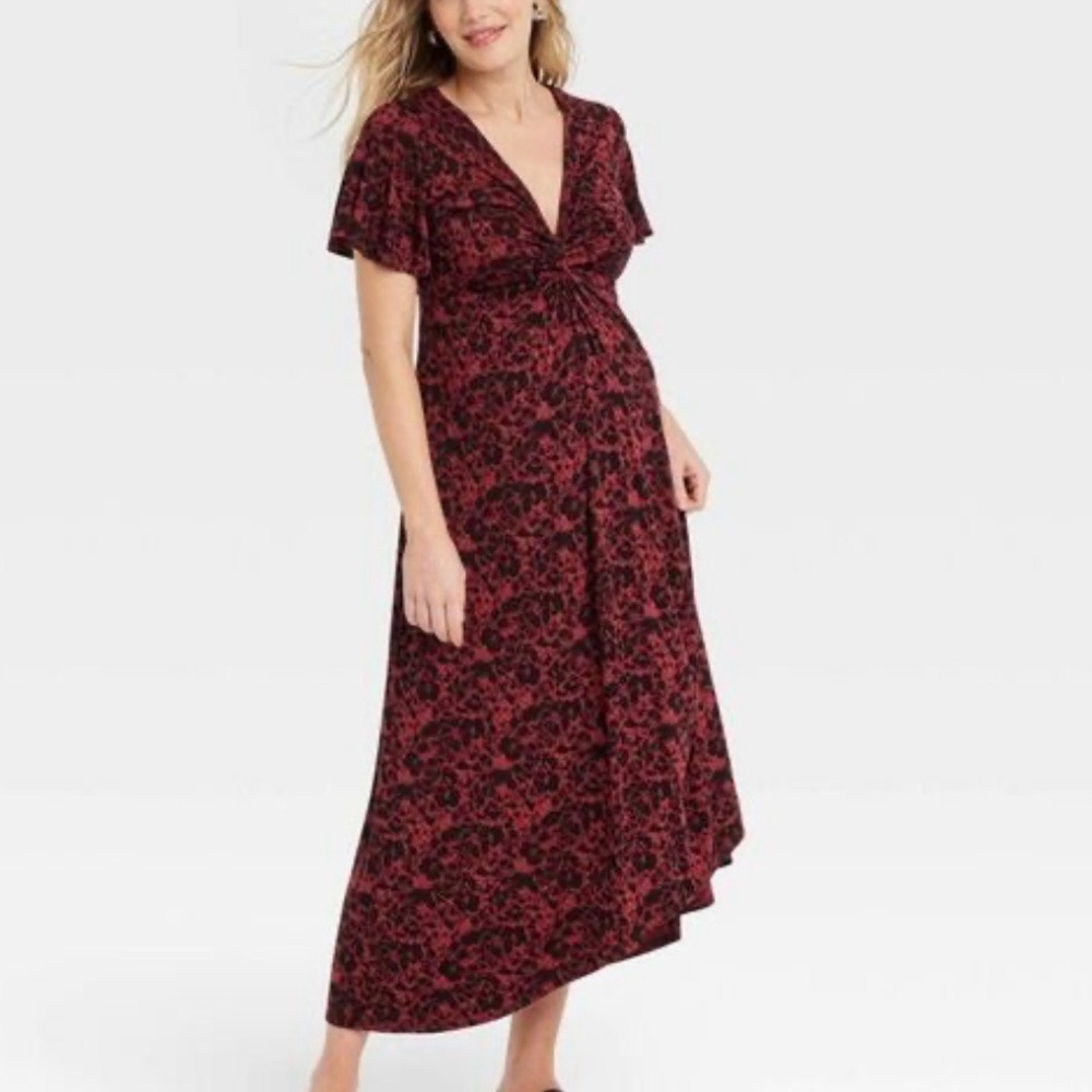 Isabel Maternity Flutter Short Slv Knit Midi Dress Red Black Floral, Size M